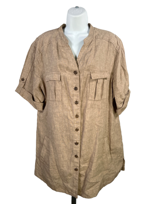 Coldwater Creek Women's Tan Linen Button Up Short Roll Sleeve Shirt - XL