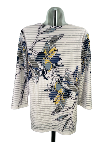 Chico's Women's White/Blue Floral Striped Semi-Sheer 3/4 Sleeve Blouse - 1/US M image 2