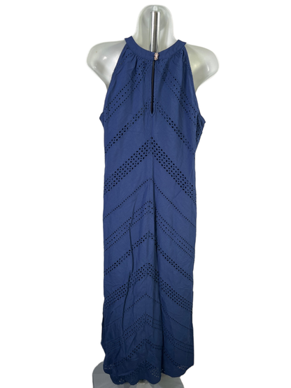 Tommy Bahama Women's Blue Eyelet Halter Side Slit Lined Maxi Dress - M image 2