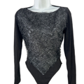 Feel Good Paris Women's Black Sheer Textured Front Long Sleeve Bodysuit - M