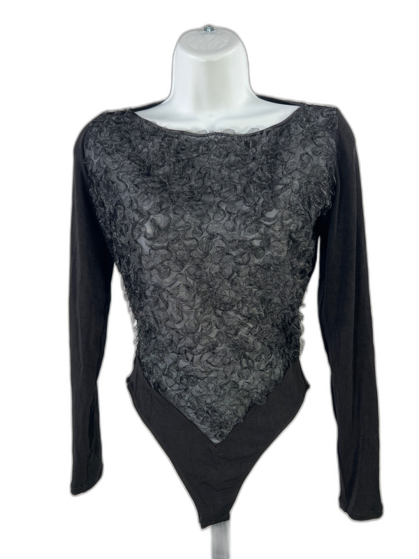 Feel Good Paris Women's Black Sheer Textured Front Long Sleeve Bodysuit - M