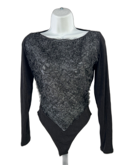 Feel Good Paris Women's Black Sheer Textured Front Long Sleeve Bodysuit - M