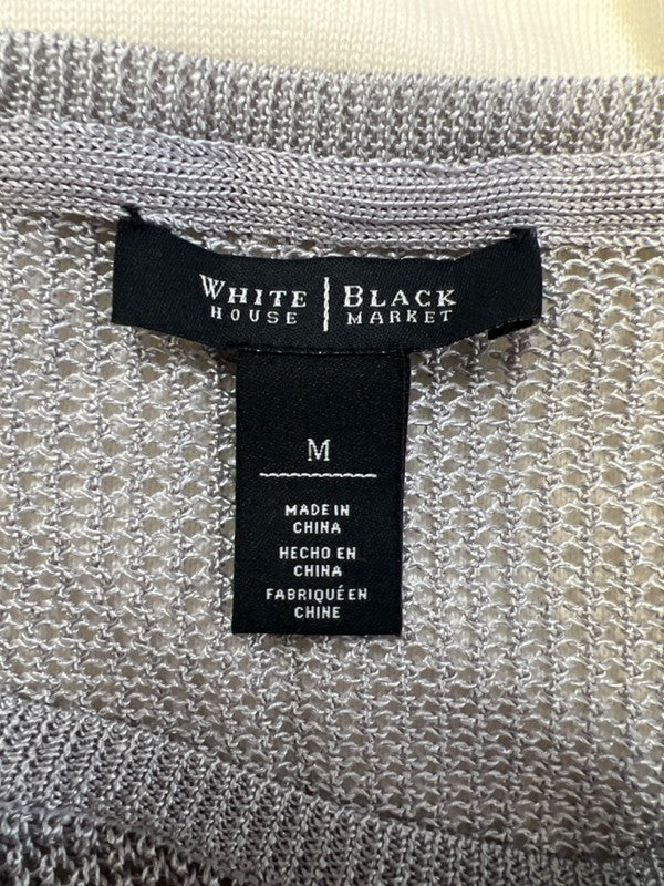 White House Black Market Women's Ivory/Gray Mesh Trim 3/4 Sleeve Knit Top - M image 3