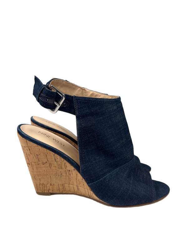 Nine West Women's Blue Denim Peep Toe Slingback Cork Wedge Sandals - 8.5