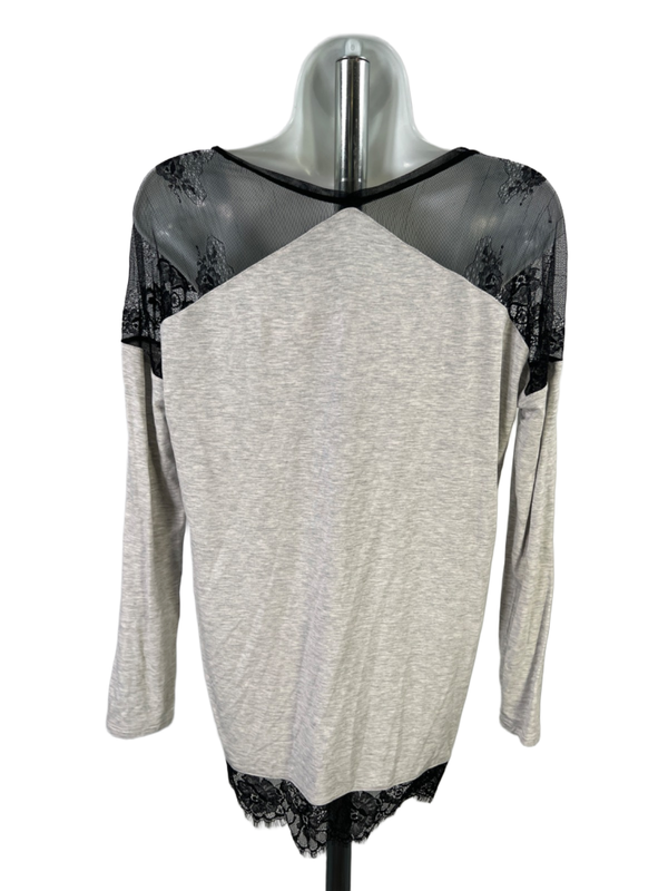 White House Black Market Women's Gray/Black Lace Accent Long Sleeve Blouse - XS image 2