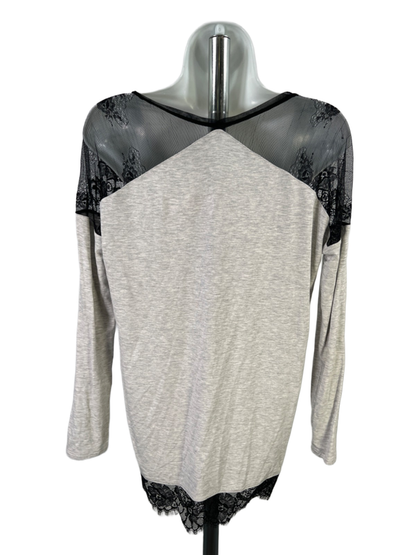 White House Black Market Women's Gray/Black Lace Accent Long Sleeve Blouse - XS image 2