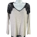 White House Black Market Women's Gray/Black Lace Accent Long Sleeve Blouse - XS