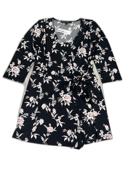 White House Black Market Women's Black Floral Wrap Front Short Romper - S Petite