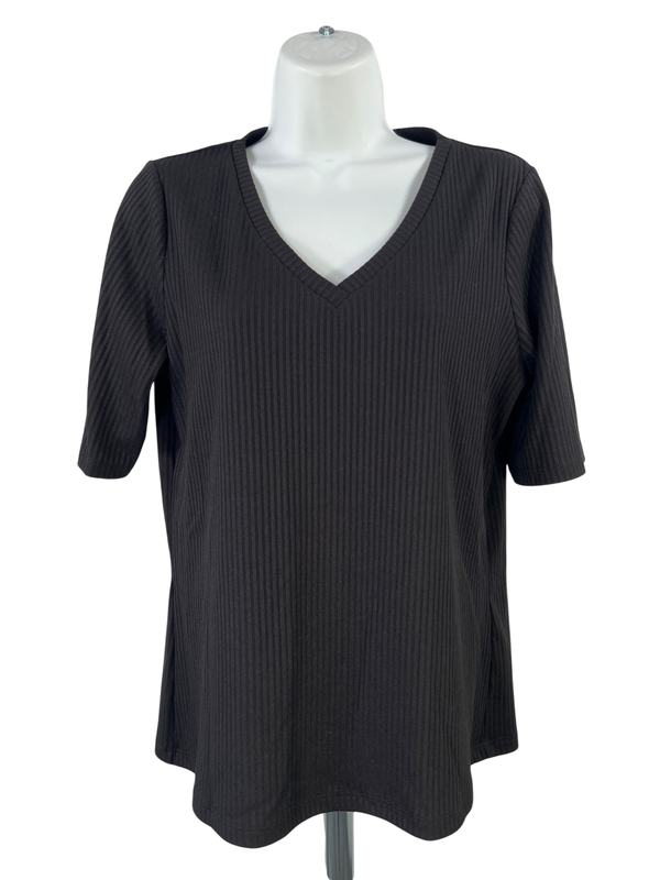 Calvin Klein Women's Black Short Sleeve Ribbed V-Neck T-Shirt - M