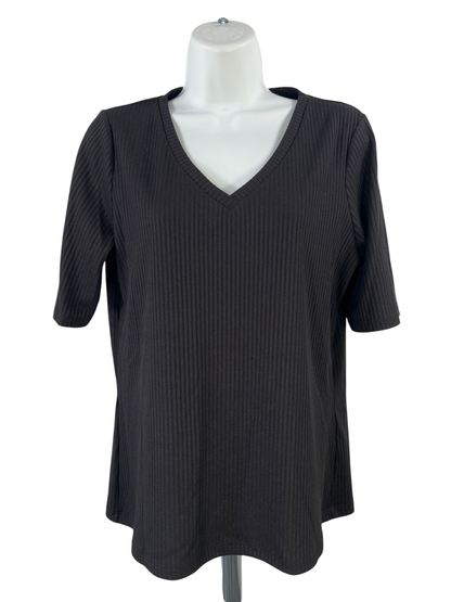 Calvin Klein Women's Black Short Sleeve Ribbed V-Neck T-Shirt - M