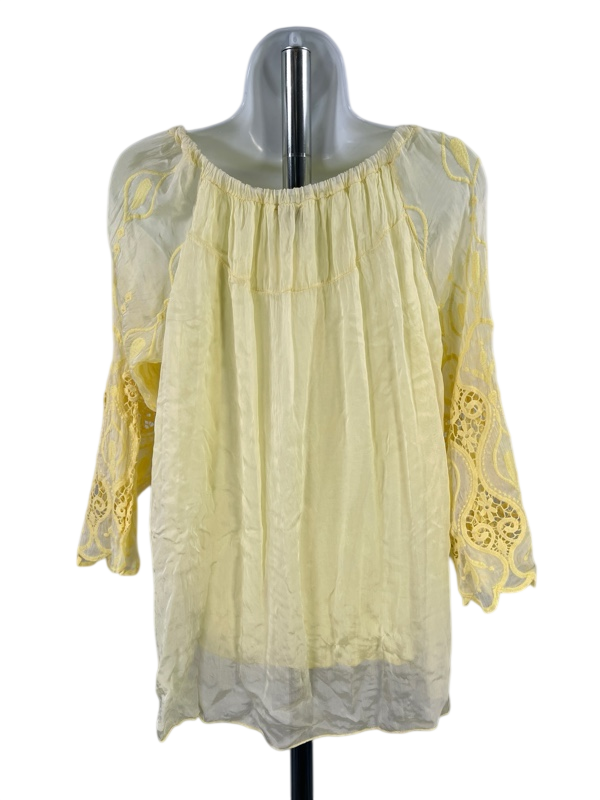 Belle France Women's Yellow Crochet 3/4 Sleeve Lined Blouse - M image 2