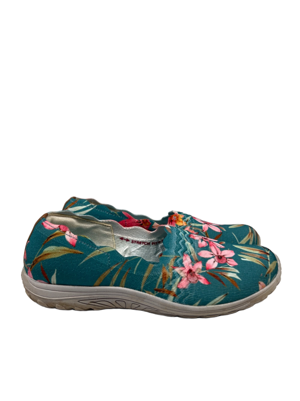 Skechers Women's Blue/Pink Floral Scallop Trim Slip On Shoes - 9 Wide