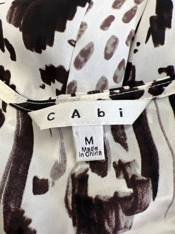 Cabi Women's White/Brown Long Sleeve Faux Wrap Front Semi-Sheer Blouse - M image 3