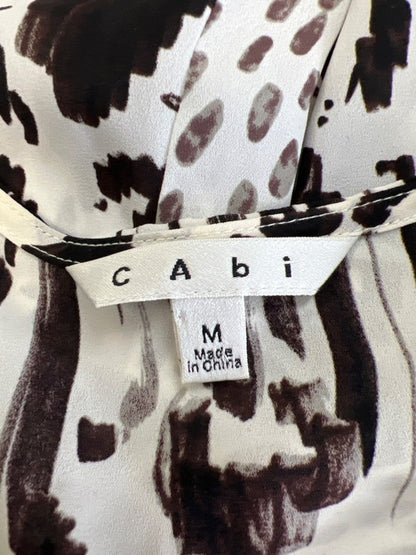 Cabi Women's White/Brown Long Sleeve Faux Wrap Front Semi-Sheer Blouse - M image 3
