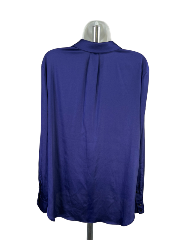 White House Black Market Women's Blue/Purple Satin Long Roll Sleeve Blouse - M image 2