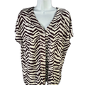 Tahari Women's White/Brown Linen Cap Sleeve Button Up Blouse - L