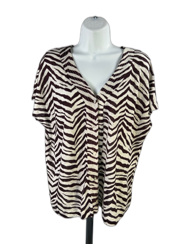 Tahari Women's White/Brown Linen Cap Sleeve Button Up Blouse - L