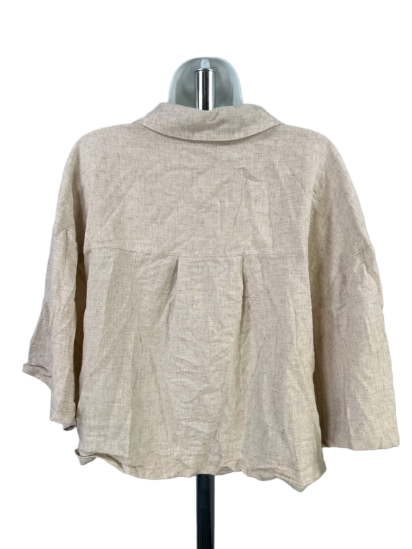Topshop Women's Beige Linen Blend Short Sleeve Cropped Button Up Shirt - 12