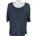 Ann Taylor Women's Navy Blue Lace Semi-Sheer Lined Elbow Sleeve Blouse - XL