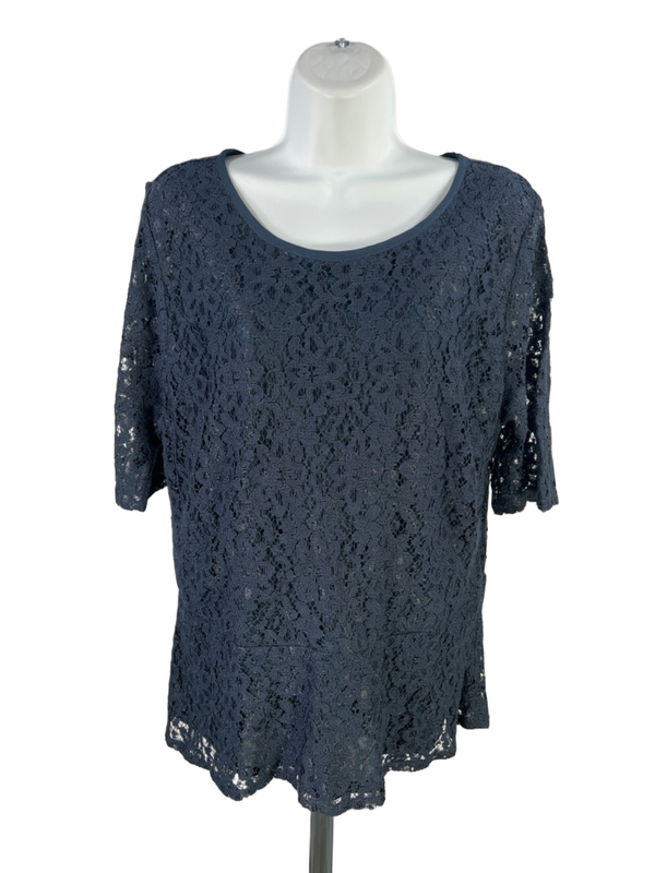 Ann Taylor Women's Navy Blue Lace Semi-Sheer Lined Elbow Sleeve Blouse - XL
