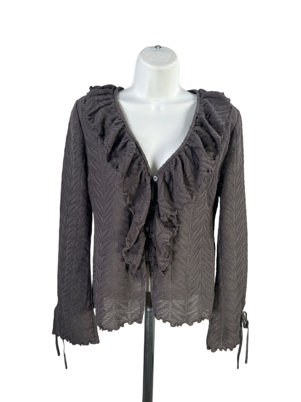 LOFT Women's Gray Long Sleeve Button Close Ruffle Trim Cardigan Sweater - S