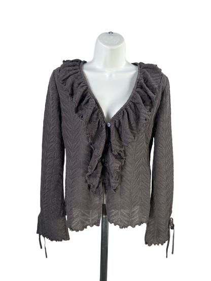 LOFT Women's Gray Long Sleeve Button Close Ruffle Trim Cardigan Sweater - S