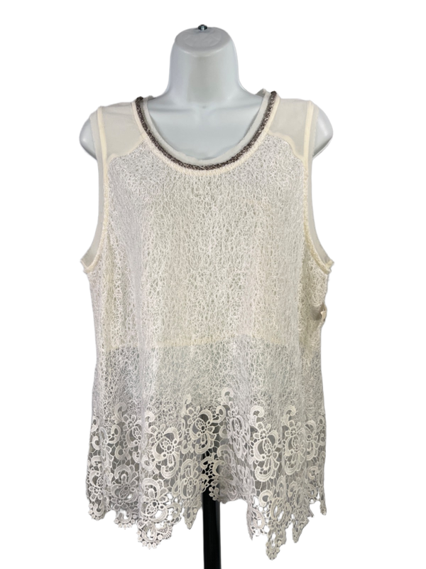Miss Me Women's Ivory/White Crochet Semi-Sheer Sleeveless Blouse - L