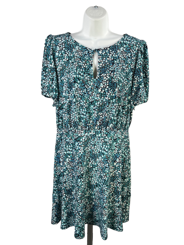 LOFT Women's Blue Floral Short Sleeve Keyhole Front A-Line Dress - 8