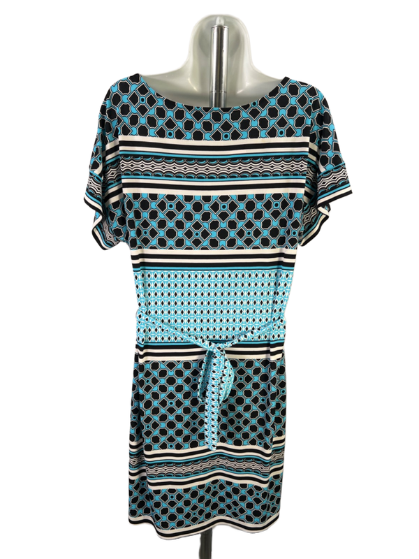 White House Black Market Women's Blue Geometric Belted Cover Up Mini Dress - M image 2