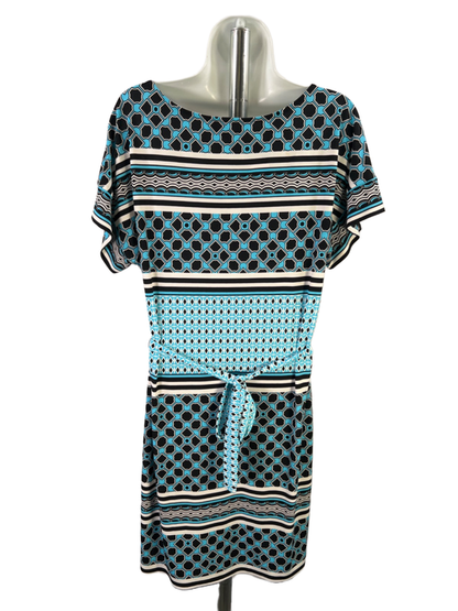 White House Black Market Women's Blue Geometric Belted Cover Up Mini Dress - M image 2