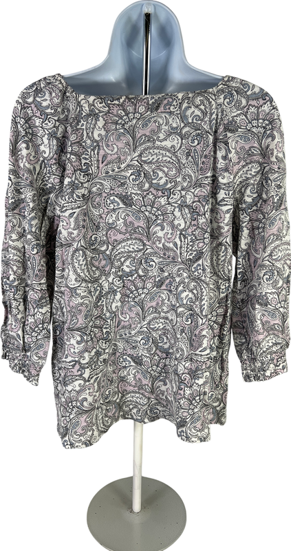 J.Jill Women’s Gray/White Paisley 3/4 Sleeve Smocked Square Neck Shirt - XS image 2