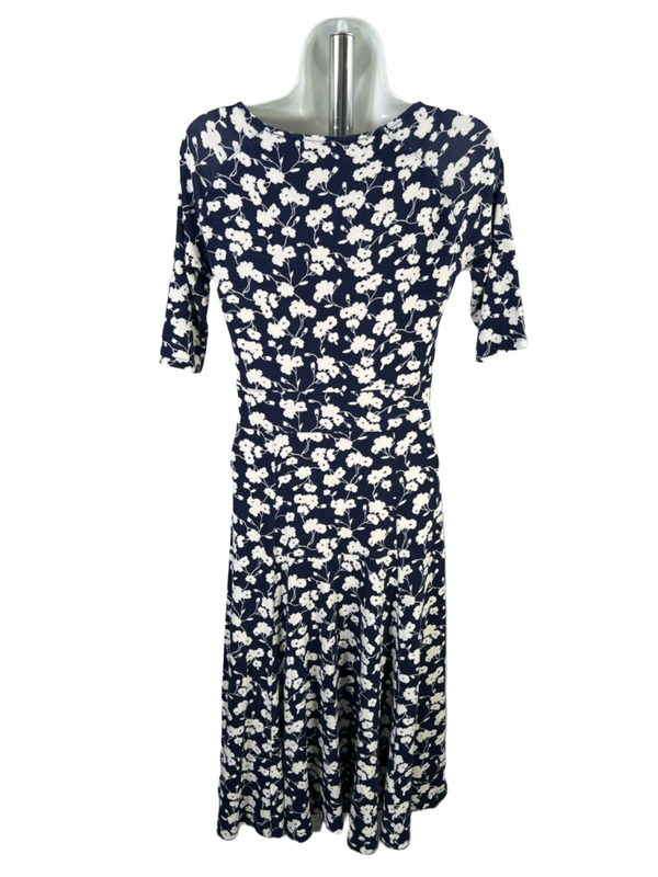 Lands End Women's Blue/White Floral A-Line Elbow Sleeve Midi Dress - XS image 2