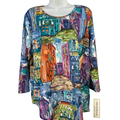 Alfred Dunner Women's Multicolor Cityscape Rhinestone 3/4 Sleeve Blouse - M