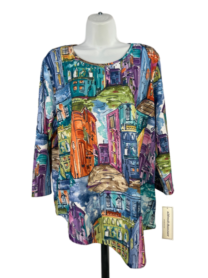 Alfred Dunner Women's Multicolor Cityscape Rhinestone 3/4 Sleeve Blouse - M