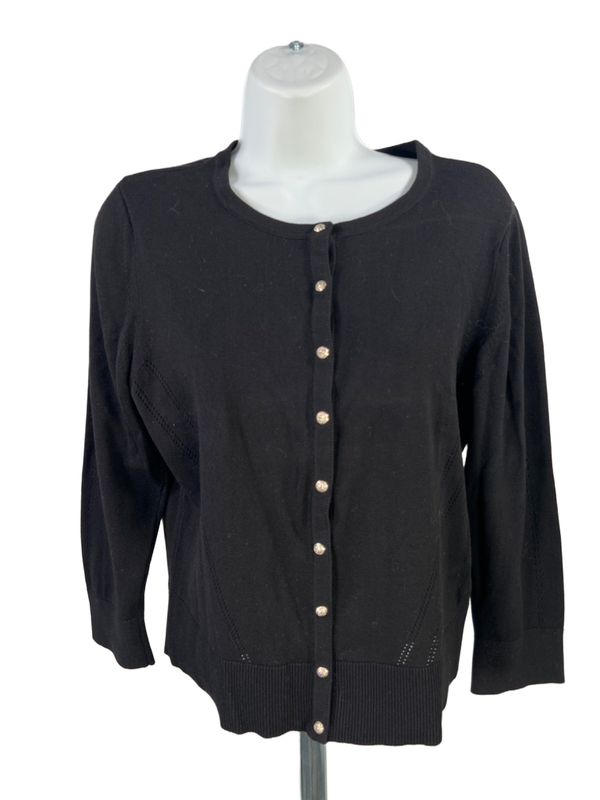 White House Black Market Women's Black Snap Button 3/4 Sleeve Sweater - L