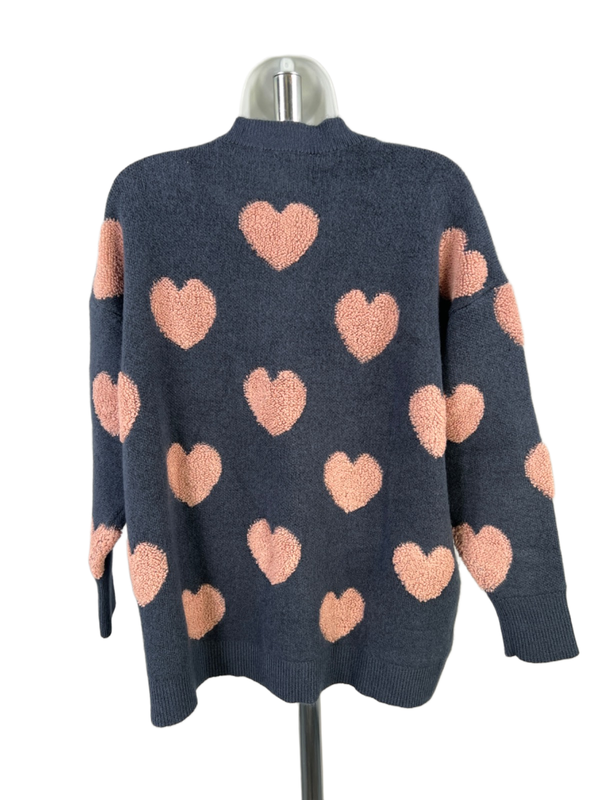 Coldwater Creek Women's Blue/Pink Heart Long Sleeve Cardigan Sweater - Petite L image 2