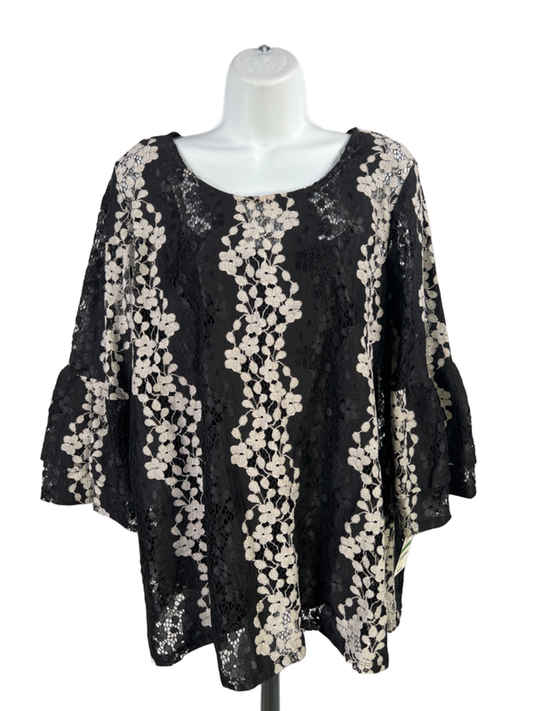 Alfani Women's Black/Gray Floral Lace Lined Short Bell Sleeve Blouse - L
