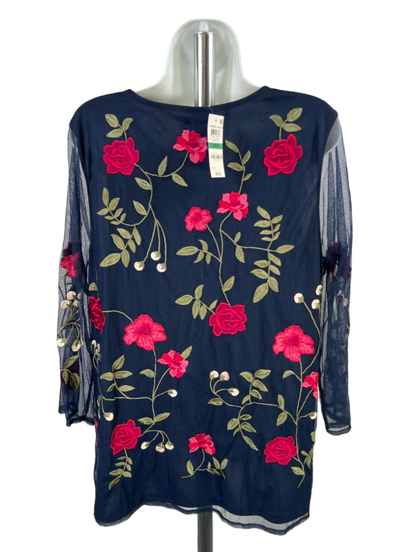 Charter Club Women's Blue Feminine Garden Mesh Embroidered 3/4 Sleeve Blouse - L image 2