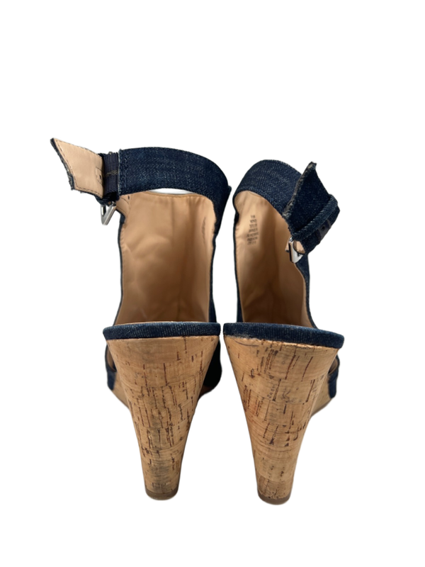 Nine West Women's Blue Denim Peep Toe Slingback Cork Wedge Sandals - 8.5 image 4