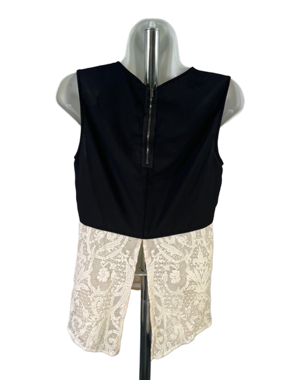 BCBGMaxazria Women's Beige/Black Sleeveless Lace Accent Semi-Sheer Blouse - S image 2