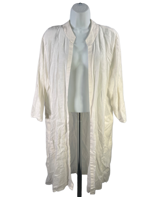 J Jill PureJill Women's White Linen Open Front Elbow Sleeve Duster - M