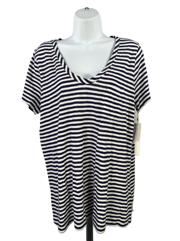 Caslon Women's White/Blue Brooke Striped Pocket Front Short Sleeve T-Shirt - XL