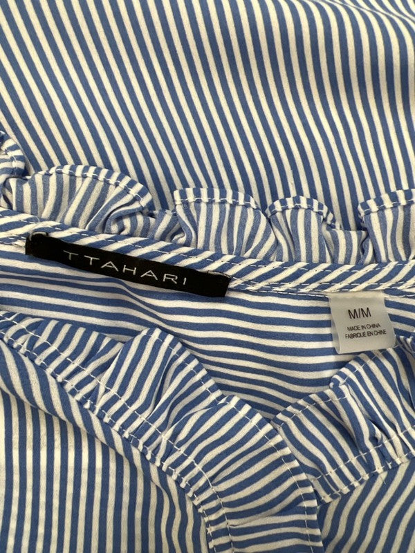 Tahari Women's White/Blue Stripe Ruffle Trim Button Up Blouse - M image 3