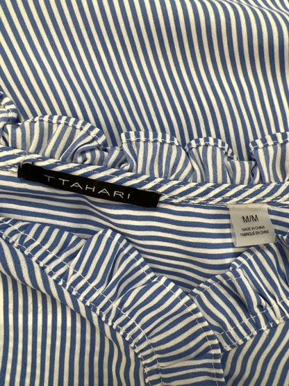 Tahari Women's White/Blue Stripe Ruffle Trim Button Up Blouse - M image 3