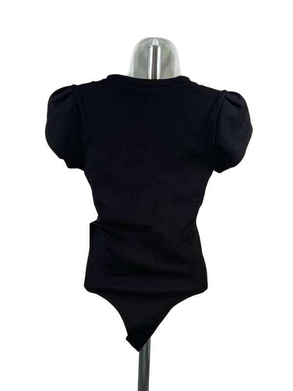 Shinestar Women's Black Short Sleeve V-Neck Tulip Sleeve Bodysuit - S image 2