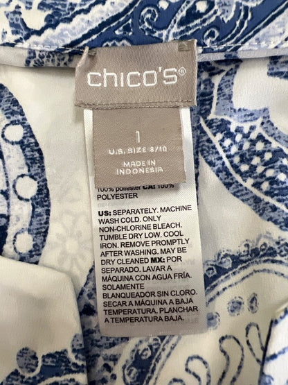 Chico's Women's White/Blue Satin Tie Front Blouse - 1/US 8-10 image 3