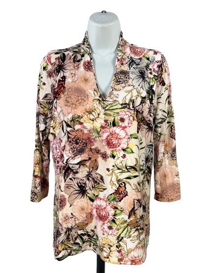 Chico's Women's White/Multicolor Floral 3/4 Sleeve V-Neck Shirt - 0/US S