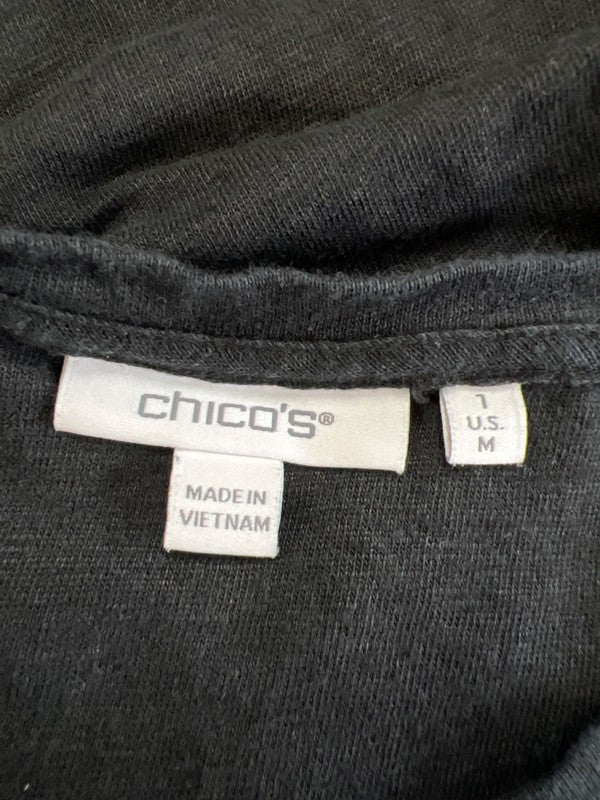 Chico's Women's Black Linen Embroidered Embellished Short Sleeve Shirt - M image 3