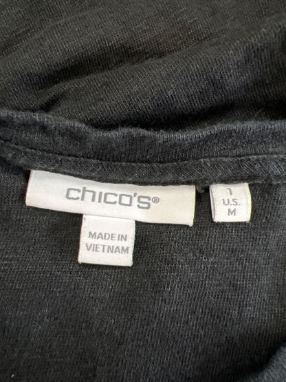 Chico's Women's Black Linen Embroidered Embellished Short Sleeve Shirt - M image 3
