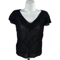 BCBGMaxazria Women's Black Silk Blend Knit Mesh Short Cap Sleeve Shirt - M